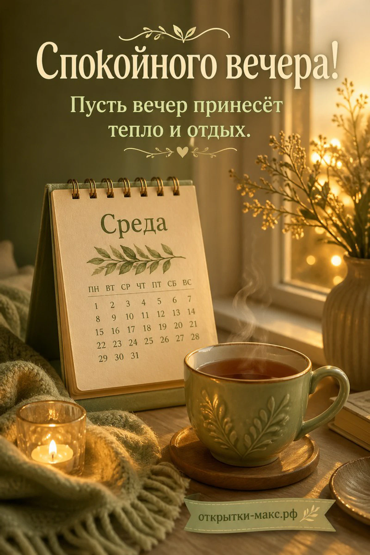Зелёная кружка чая с блюдцем, перекидной календарь Среда и свеча в тёплом свете, вечерняя открытка