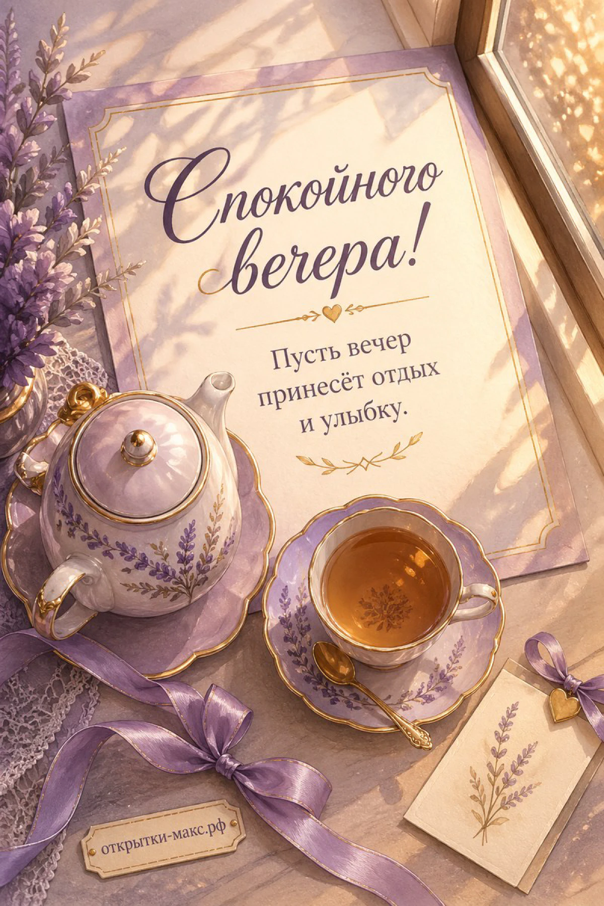 Фарфоровый чайник с лавандовым узором и чашка чая на блюдце рядом с сиреневой лентой и лавандой