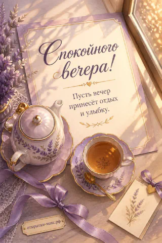 Фарфоровый чайник с лавандовым узором и чашка чая на блюдце рядом с сиреневой лентой и лавандой