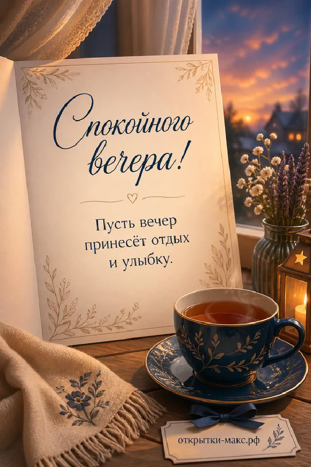 Фарфоровый чайник с лавандовым узором и чашка чая на блюдце рядом с сиреневой лентой и лавандой — вариант 5