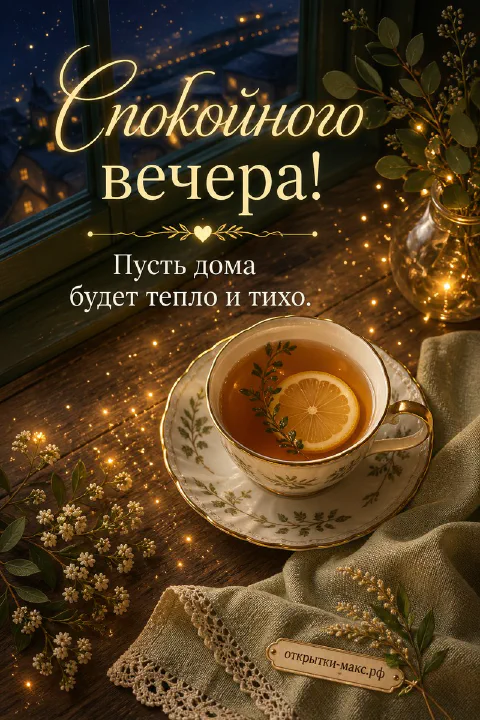 Чашка чая с лимоном на подоконнике, за окном снег и городские огни, гирлянда