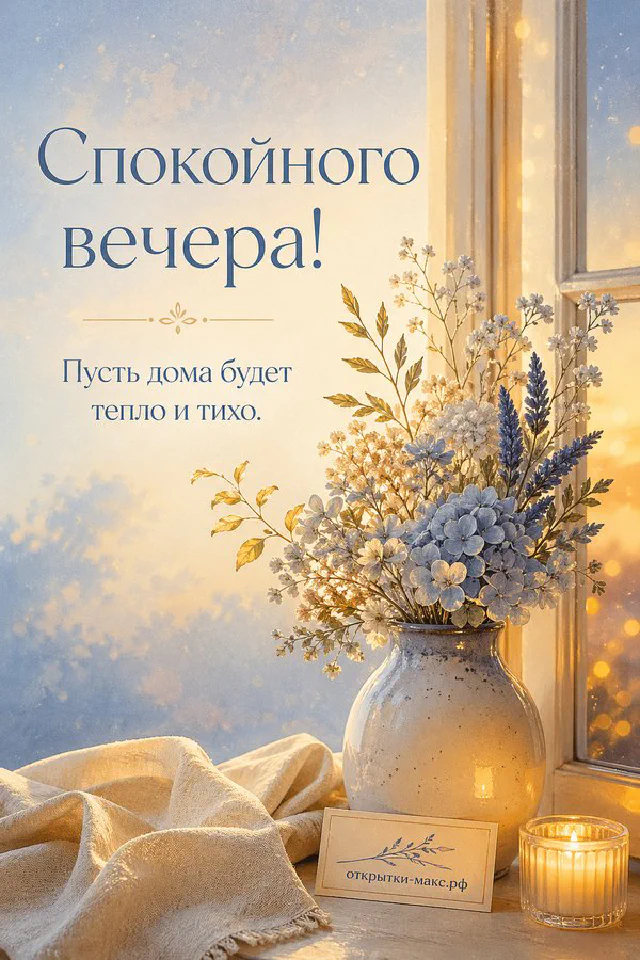 Чашка чая с лимоном на подоконнике, за окном снег и городские огни, гирлянда — вариант 2