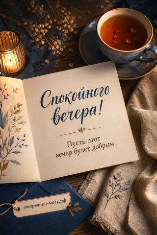 Раскрытая книга-открытка с пожеланием, горящая свеча и синяя чашка чая на деревянном столе