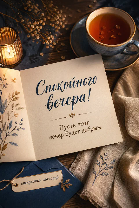 Раскрытая книга-открытка с пожеланием, горящая свеча и синяя чашка чая на деревянном столе