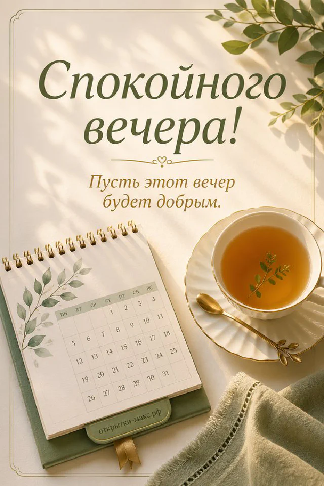 Раскрытая книга-открытка с пожеланием, горящая свеча и синяя чашка чая на деревянном столе — вариант 2