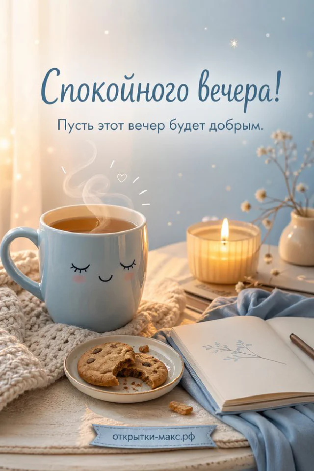 Раскрытая книга-открытка с пожеланием, горящая свеча и синяя чашка чая на деревянном столе — вариант 3