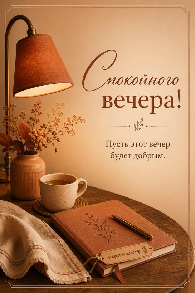 Раскрытая книга-открытка с пожеланием, горящая свеча и синяя чашка чая на деревянном столе — вариант 4
