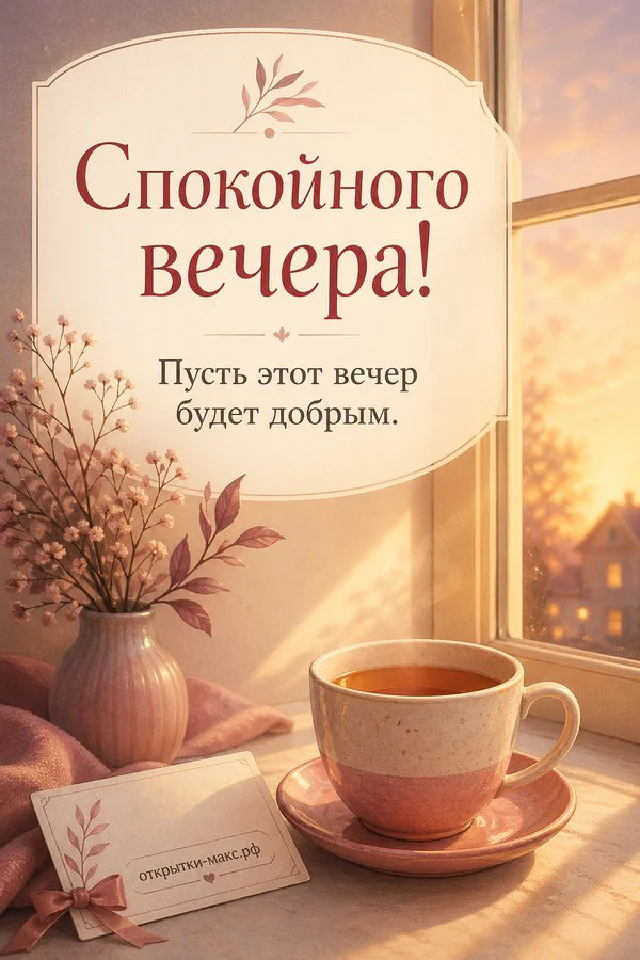 Раскрытая книга-открытка с пожеланием, горящая свеча и синяя чашка чая на деревянном столе — вариант 6