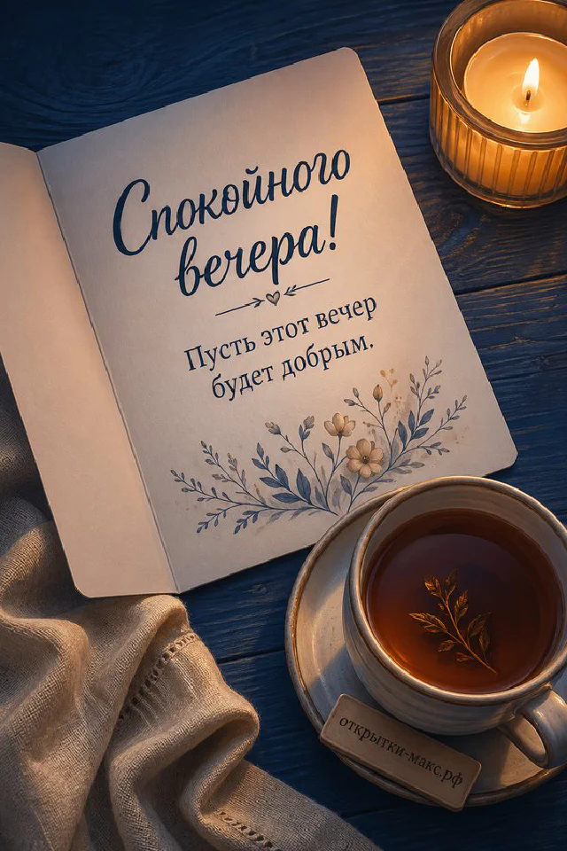 Раскрытая книга-открытка с пожеланием, горящая свеча и синяя чашка чая на деревянном столе — вариант 8