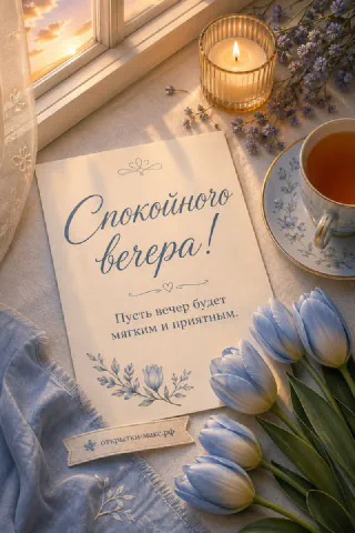 Голубые тюльпаны рядом с горящей свечой и фарфоровой чашкой чая, ветки лаванды на светлом льне