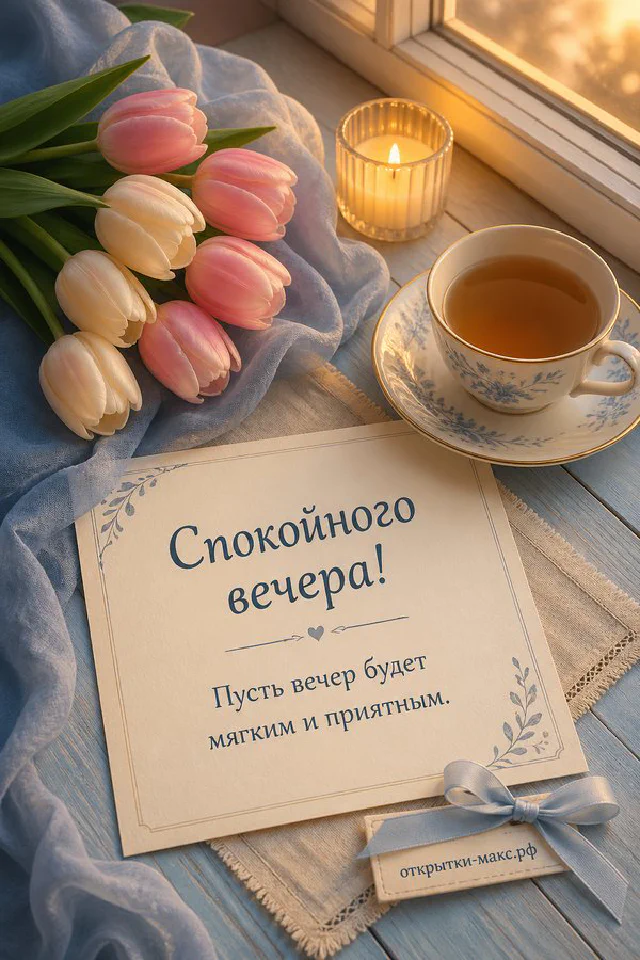 Голубые тюльпаны рядом с горящей свечой и фарфоровой чашкой чая, ветки лаванды на светлом льне — вариант 3