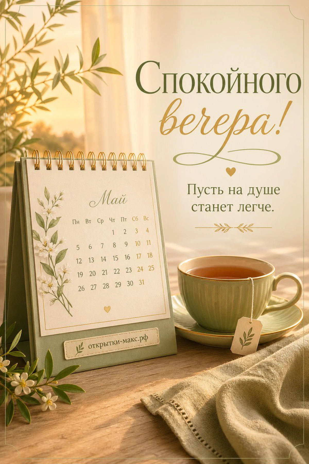 Настольный календарь май рядом с зелёной кружкой чая и ветками на столе