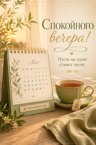 Настольный календарь май рядом с зелёной кружкой чая и ветками на столе