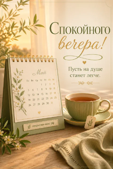 Настольный календарь май рядом с зелёной кружкой чая и ветками на столе