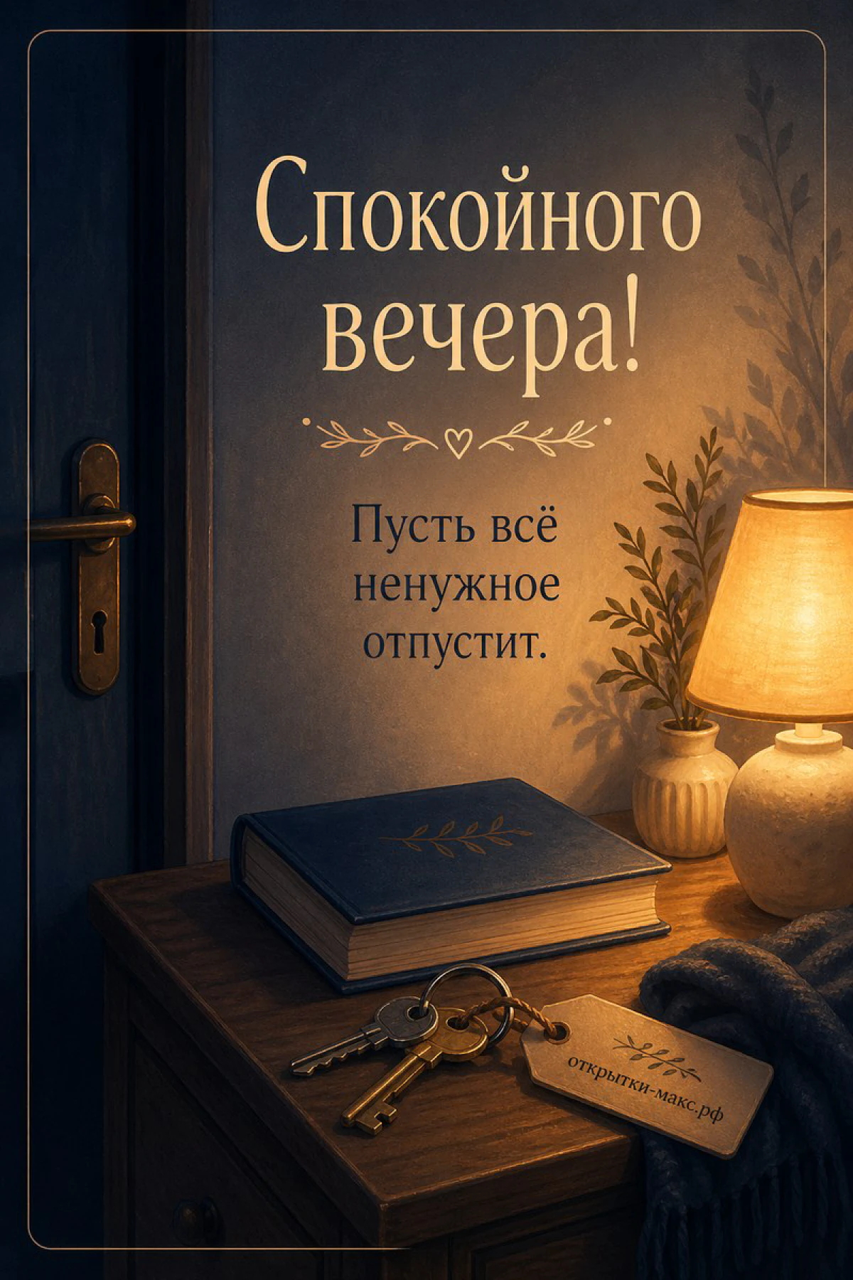 Тумбочка с книгой, ключами и лампой в тёмной комнате, надпись «Спокойного вечера»