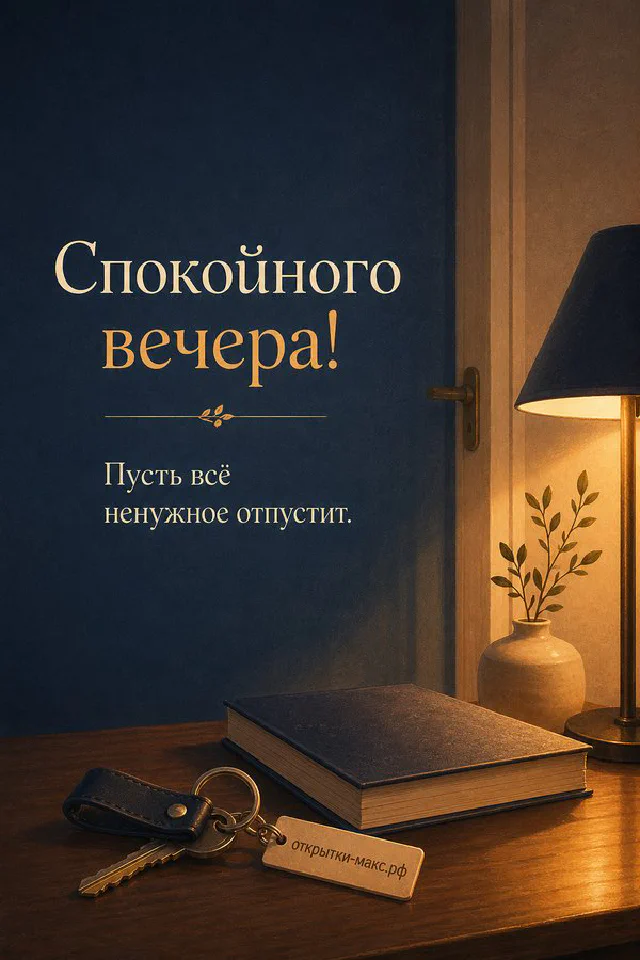 Тумбочка с книгой, ключами и лампой в тёмной комнате, надпись «Спокойного вечера» — вариант 2