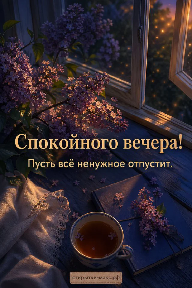 Тумбочка с книгой, ключами и лампой в тёмной комнате, надпись «Спокойного вечера» — вариант 3