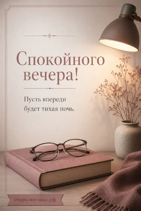 Розовая книга с очками, настольная лампа и ваза с сухоцветами на светлом фоне, надпись «Спокойного вечера»