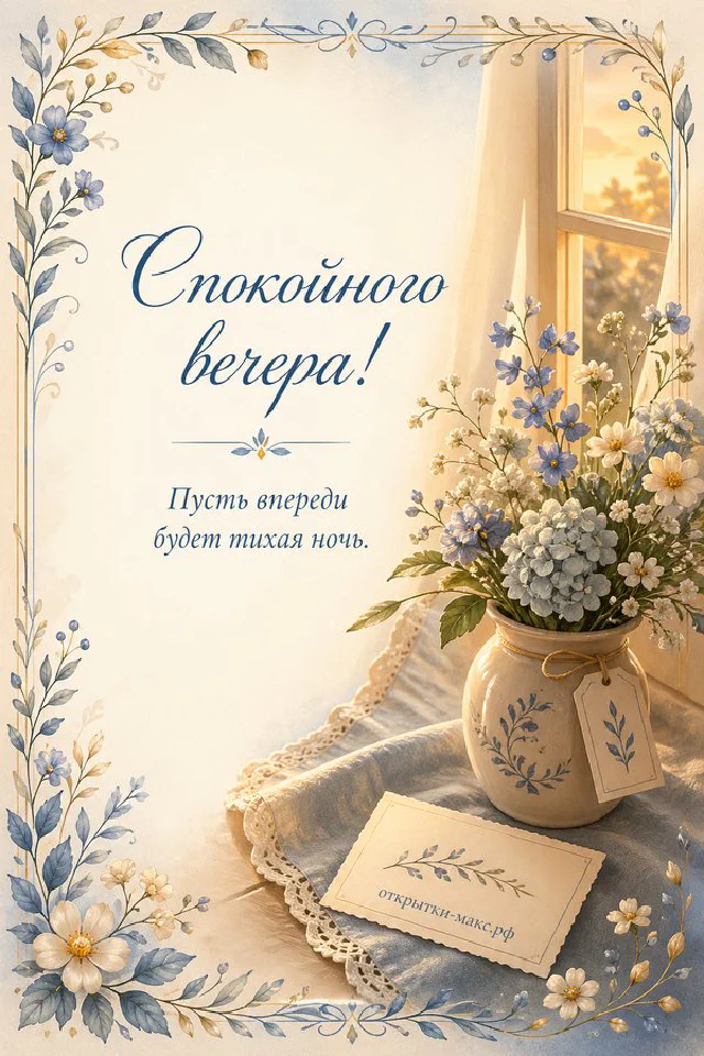 Розовая книга с очками, настольная лампа и ваза с сухоцветами на светлом фоне, надпись «Спокойного вечера» — вариант 2