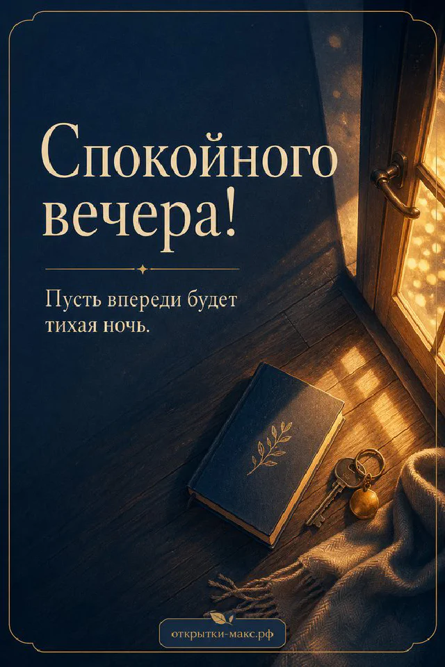 Розовая книга с очками, настольная лампа и ваза с сухоцветами на светлом фоне, надпись «Спокойного вечера» — вариант 3