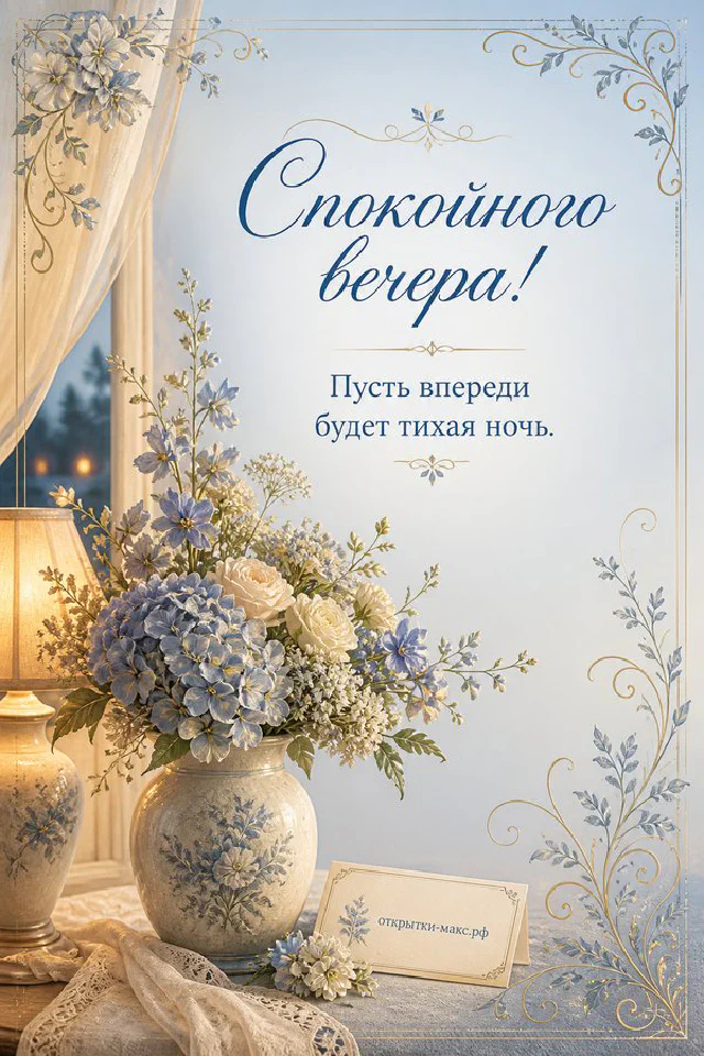 Розовая книга с очками, настольная лампа и ваза с сухоцветами на светлом фоне, надпись «Спокойного вечера» — вариант 4