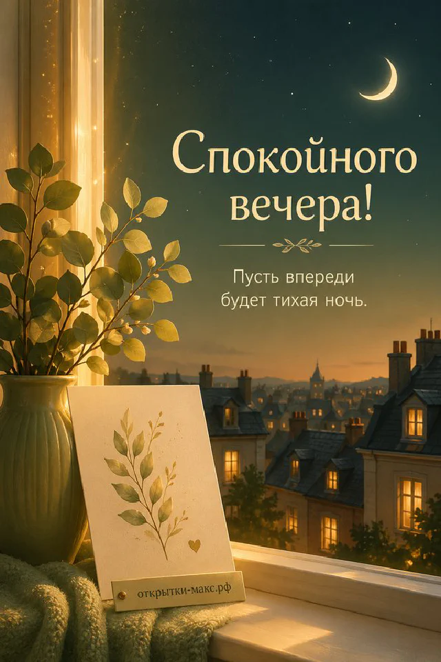 Розовая книга с очками, настольная лампа и ваза с сухоцветами на светлом фоне, надпись «Спокойного вечера» — вариант 5