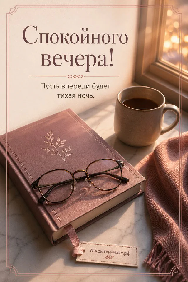 Розовая книга с очками, настольная лампа и ваза с сухоцветами на светлом фоне, надпись «Спокойного вечера» — вариант 6