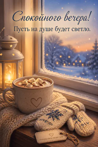 Кружка какао с зефирками и варежки у заснеженного окна рядом со звёздным фонарём