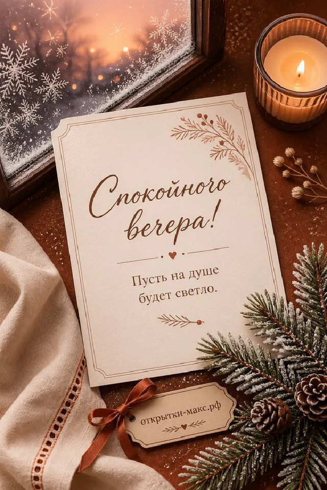 Кружка какао с зефирками и варежки у заснеженного окна рядом со звёздным фонарём — вариант 3