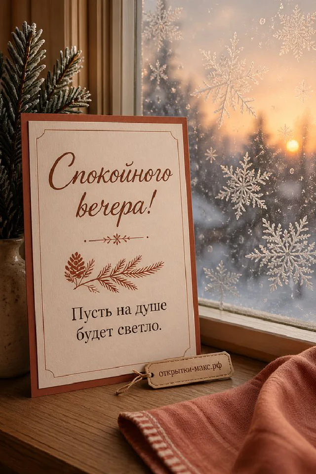 Кружка какао с зефирками и варежки у заснеженного окна рядом со звёздным фонарём — вариант 4
