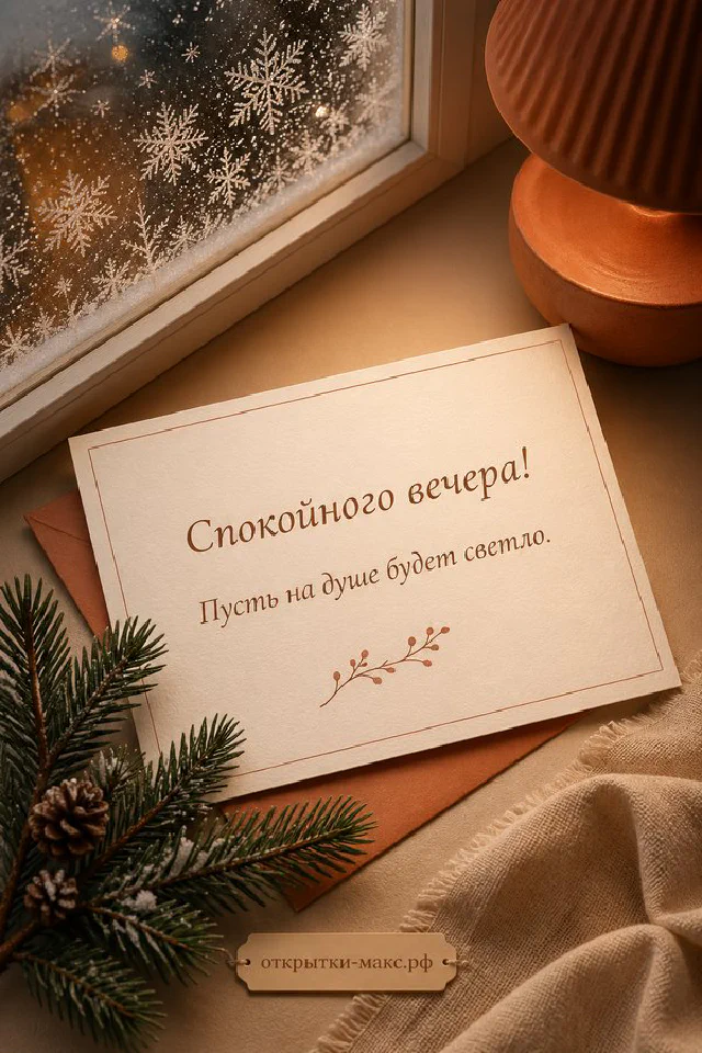 Кружка какао с зефирками и варежки у заснеженного окна рядом со звёздным фонарём — вариант 6