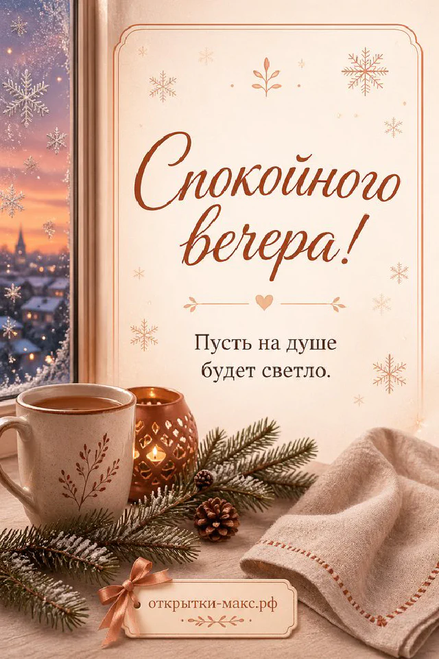 Кружка какао с зефирками и варежки у заснеженного окна рядом со звёздным фонарём — вариант 7