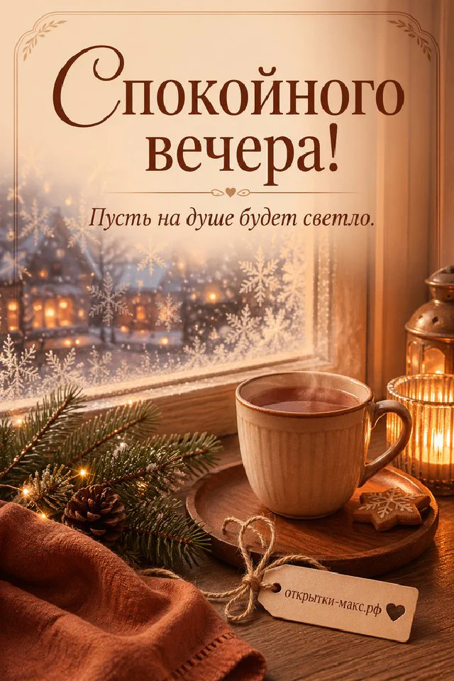 Кружка какао с зефирками и варежки у заснеженного окна рядом со звёздным фонарём — вариант 8
