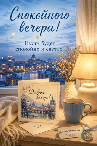 Подоконник с кружкой кофе, лампой и карточкой добрый вечер, синий ночной город за окном зимой