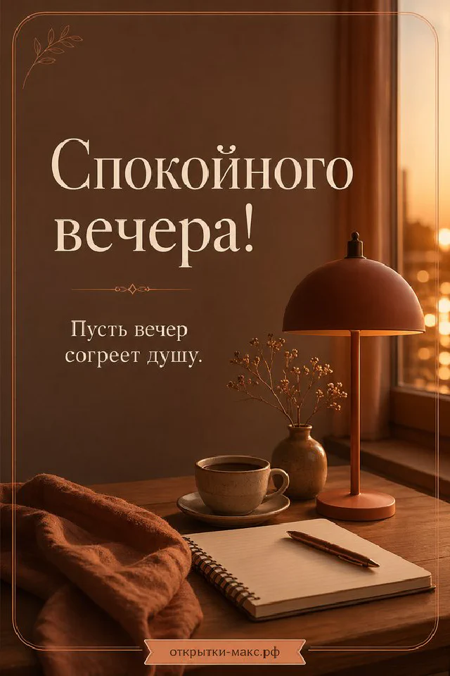Настольная лампа в венке из бордовых и розовых листьев, маленькая карточка и открытый конверт на бежевом фоне — вариант 2