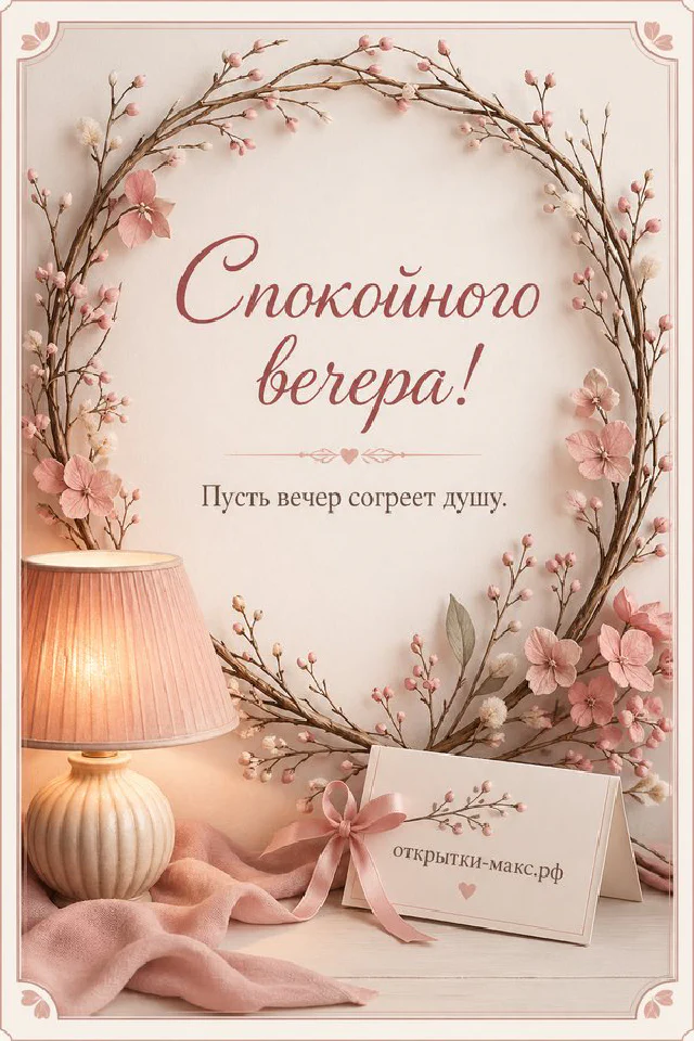 Настольная лампа в венке из бордовых и розовых листьев, маленькая карточка и открытый конверт на бежевом фоне — вариант 7