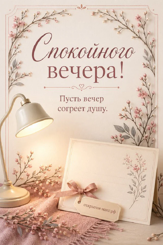 Настольная лампа в венке из бордовых и розовых листьев, маленькая карточка и открытый конверт на бежевом фоне — вариант 8