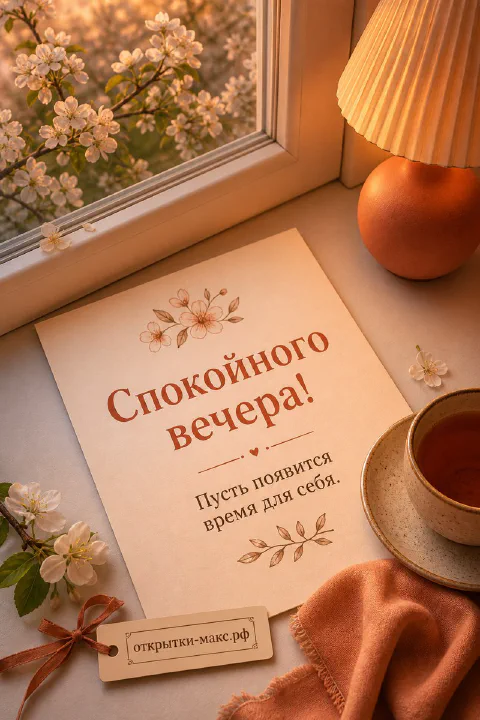 Чашка чая и настольная лампа на подоконнике, за окном цветущие ветки сада