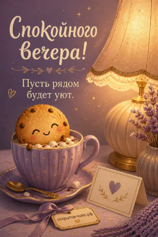 Улыбающееся круглое печенье в фиолетовой чашке рядом с лампой и лавандой