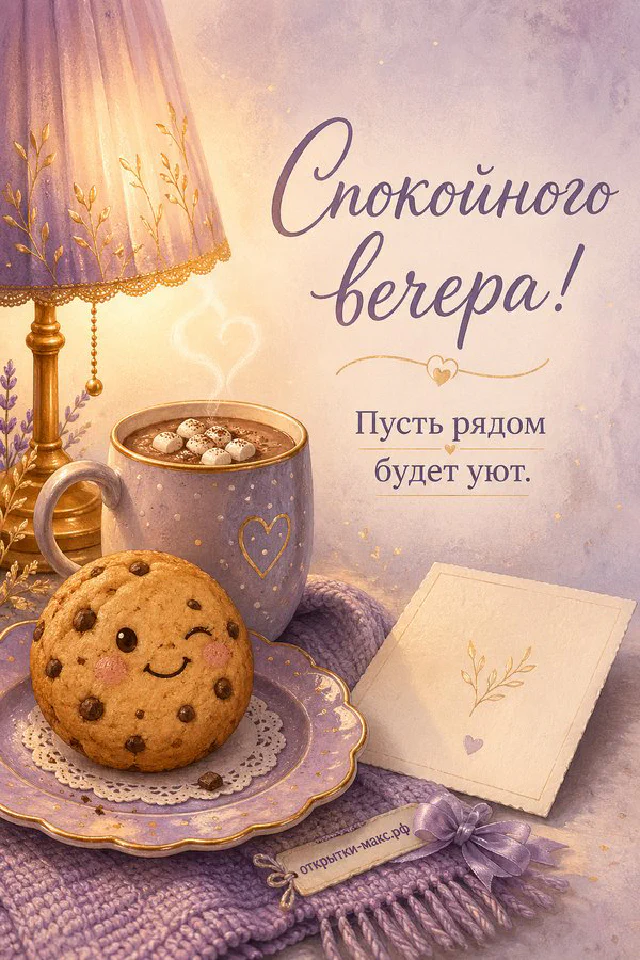 Улыбающееся круглое печенье в фиолетовой чашке рядом с лампой и лавандой — вариант 2