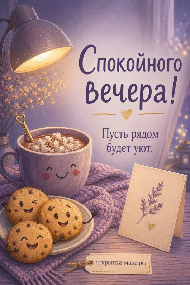Улыбающееся круглое печенье в фиолетовой чашке рядом с лампой и лавандой — вариант 8