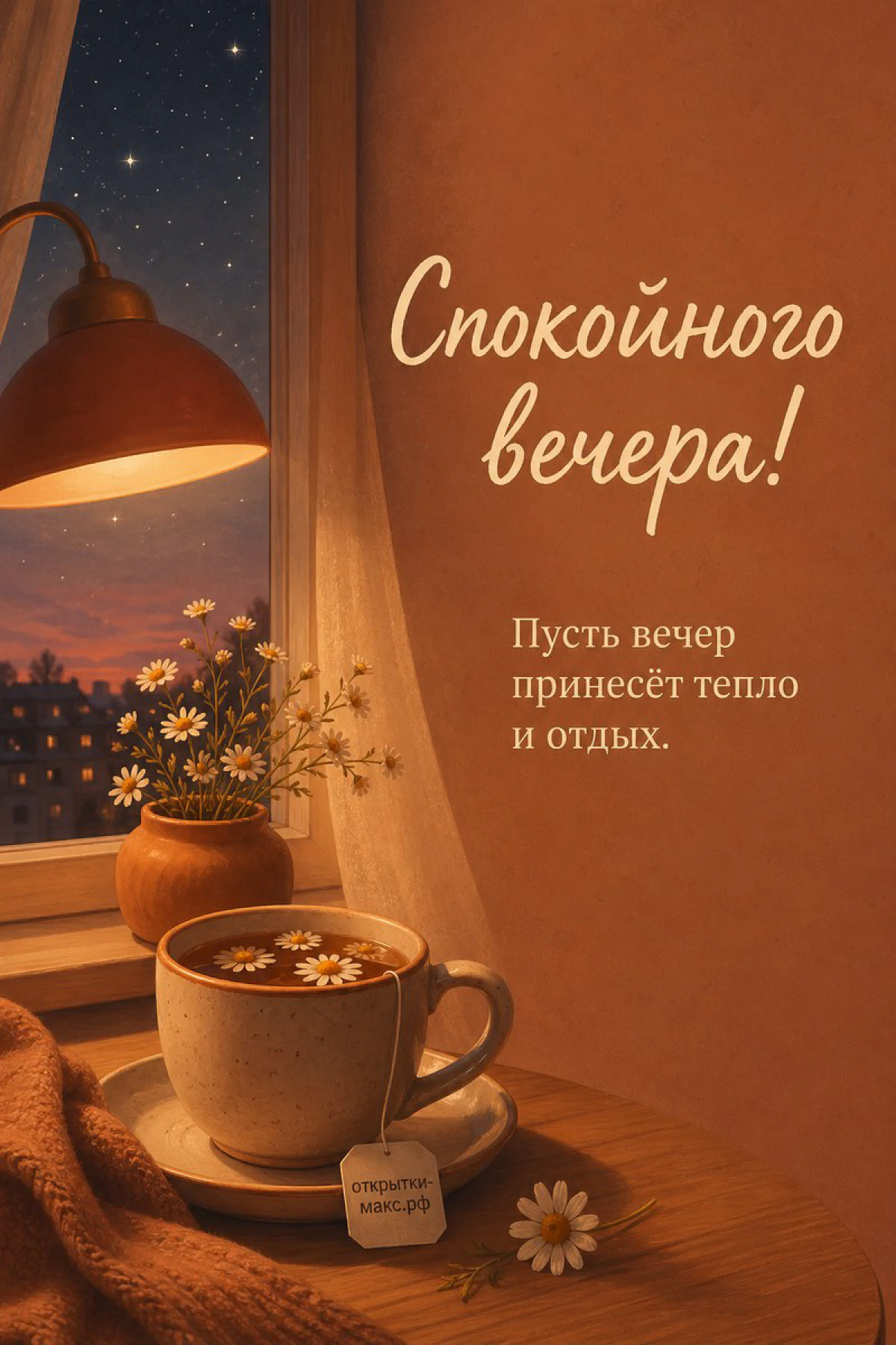 Большая кружка чая с ромашкой у ночного окна, оранжевая лампа и ваза с ромашками