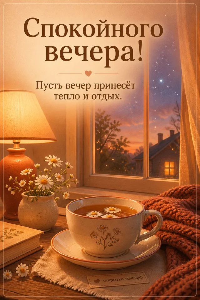 Большая кружка чая с ромашкой у ночного окна, оранжевая лампа и ваза с ромашками — вариант 7