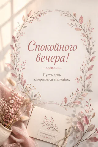 Акварельный венок из розовых сухоцветов и трав на белом фоне, надпись «Спокойного вечера»