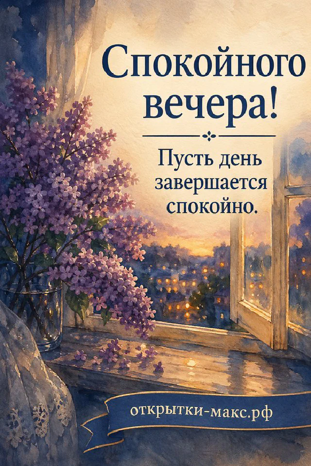 Акварельный венок из розовых сухоцветов и трав на белом фоне, надпись «Спокойного вечера» — вариант 2