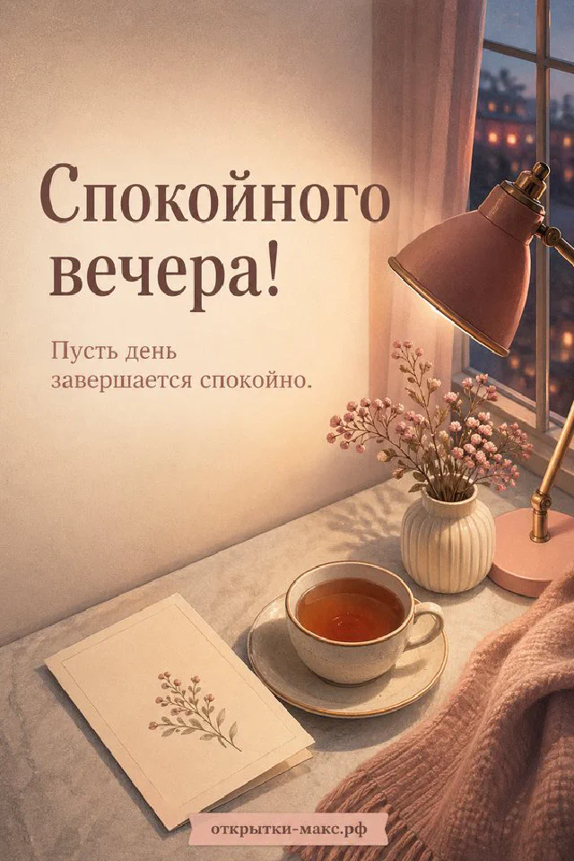 Акварельный венок из розовых сухоцветов и трав на белом фоне, надпись «Спокойного вечера» — вариант 3