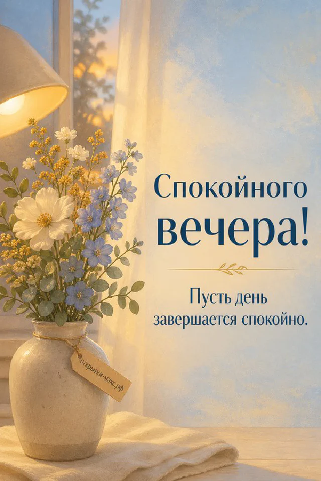 Акварельный венок из розовых сухоцветов и трав на белом фоне, надпись «Спокойного вечера» — вариант 4