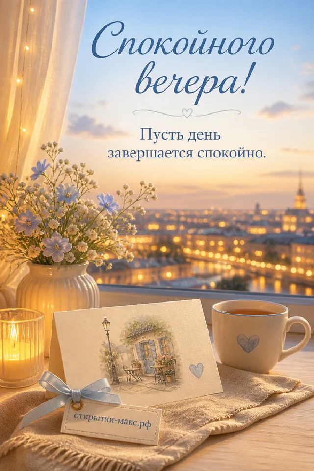 Акварельный венок из розовых сухоцветов и трав на белом фоне, надпись «Спокойного вечера» — вариант 6