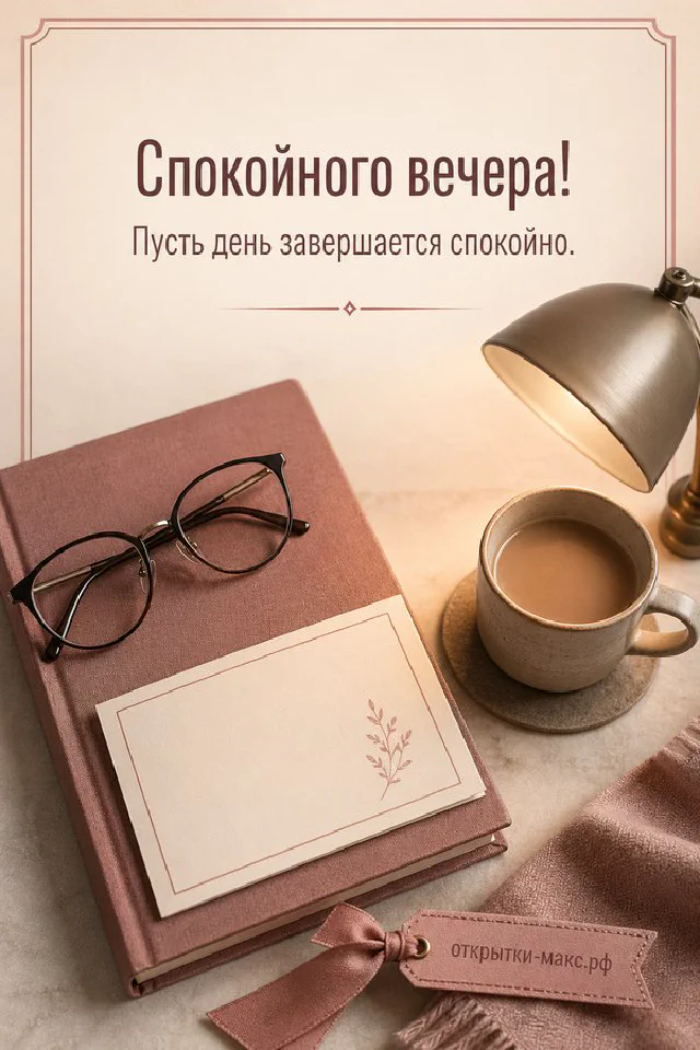 Акварельный венок из розовых сухоцветов и трав на белом фоне, надпись «Спокойного вечера» — вариант 7
