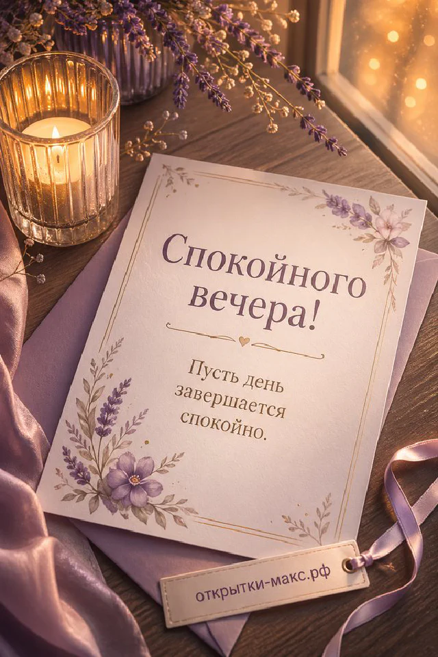 Акварельный венок из розовых сухоцветов и трав на белом фоне, надпись «Спокойного вечера» — вариант 8